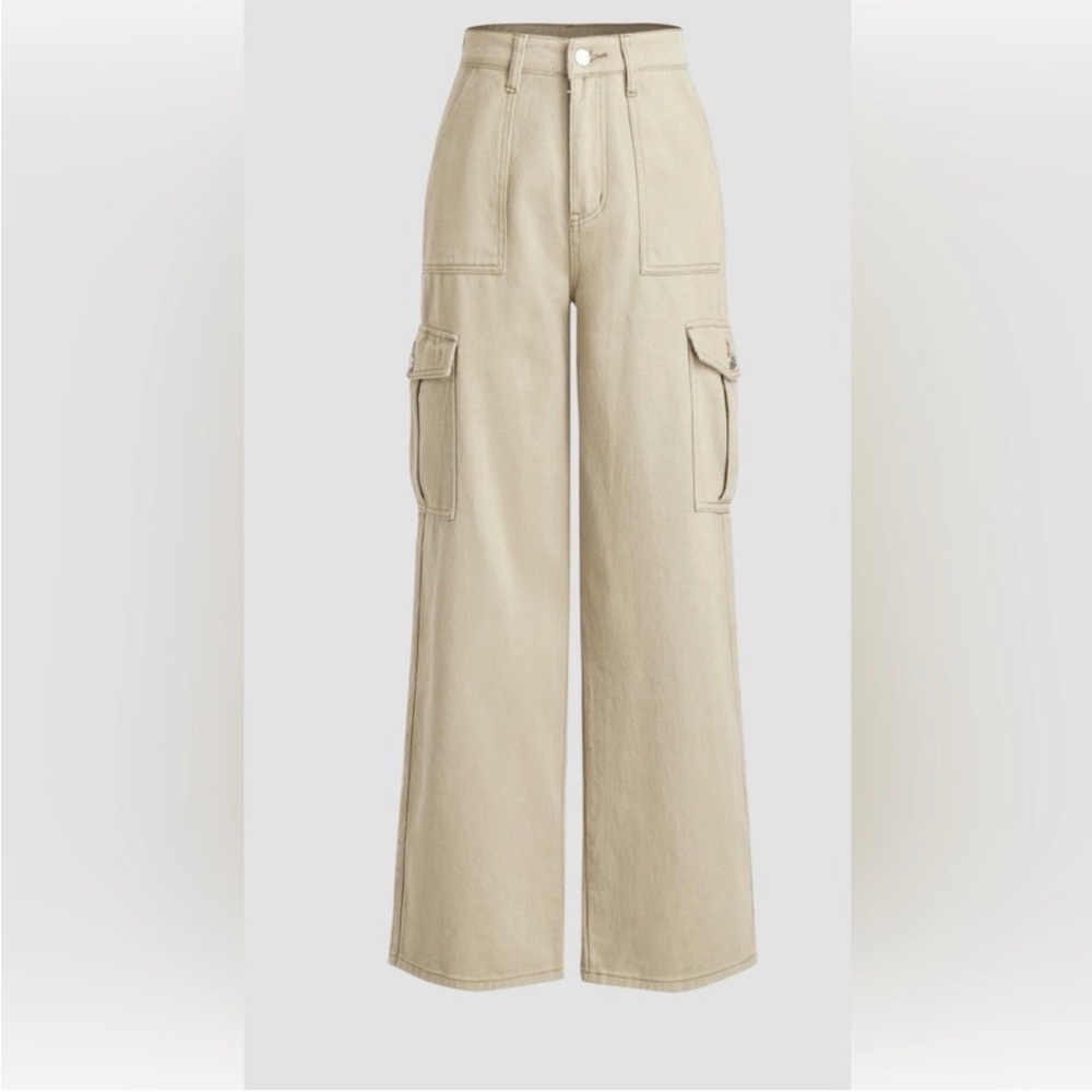 Cider Alessia solid cargo jeans Beige mid rise straight leg size XS